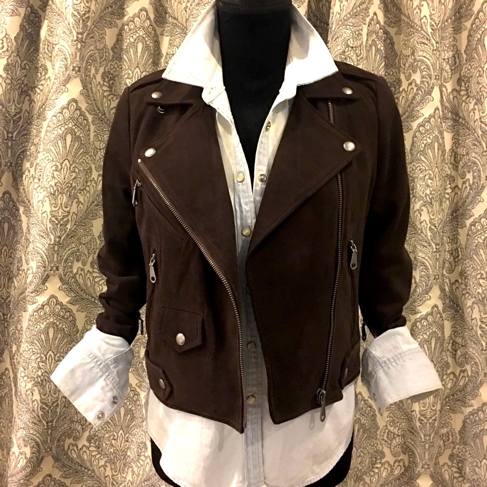 $600 original price BROWN SUEDE GENUINE SUEDE MOTO JACKET - Picture 4 of 9